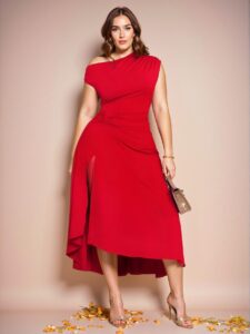 Elegant Red Chic Plus Size Asymmetrical Twist Neck Dress for Spring and Summer Events - A Stylish Choice for Easter, Carnival, and Back to School - Chic, Classy and Trendy Fashion Style to Dress to Impress