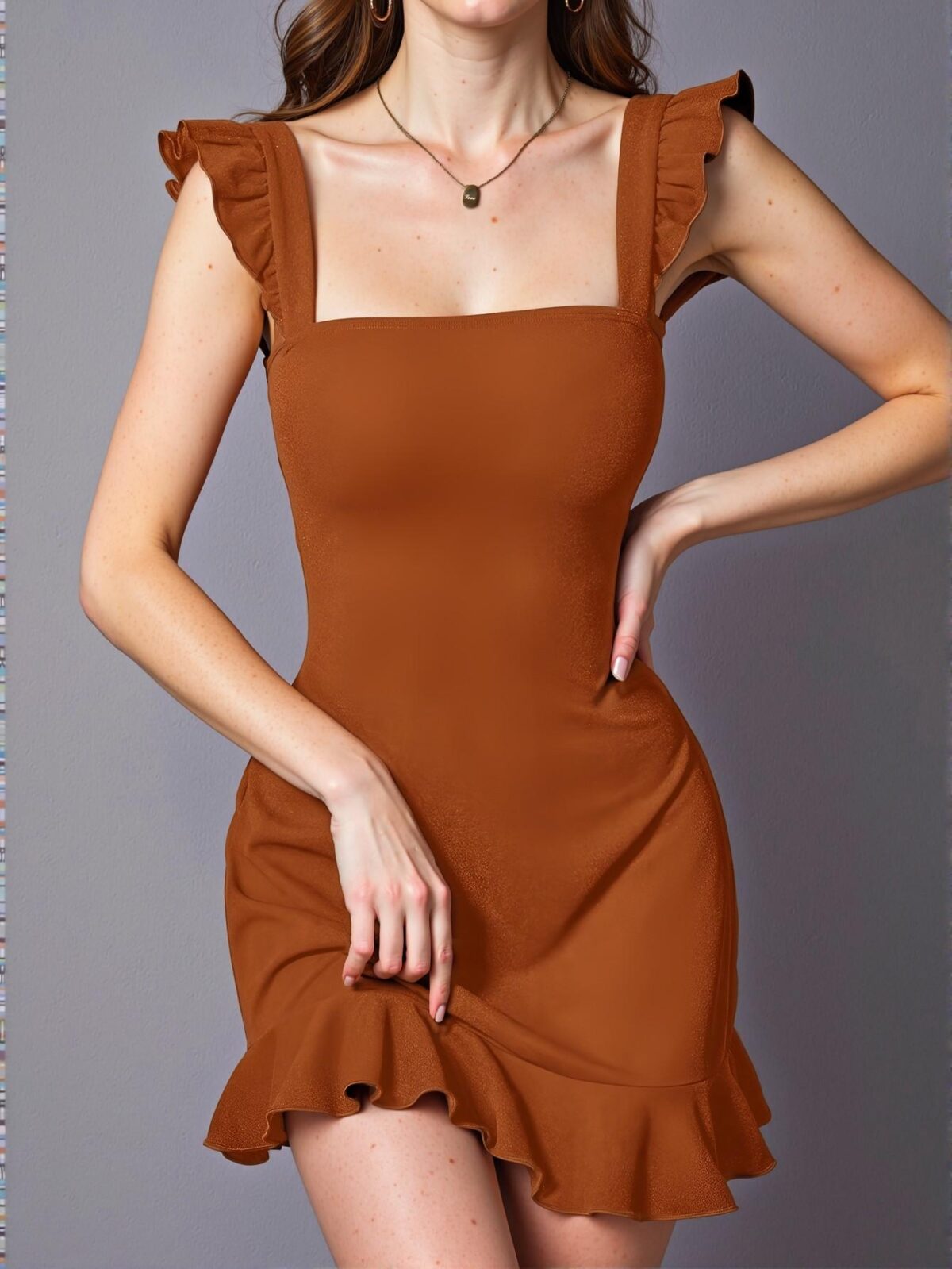 Elegant Brown Flounce Hem Ruffle Trim Backless Dress for Spring and Summer - Chic, Classy and Trendy Fashion Style to Dress to Impress - Image 2