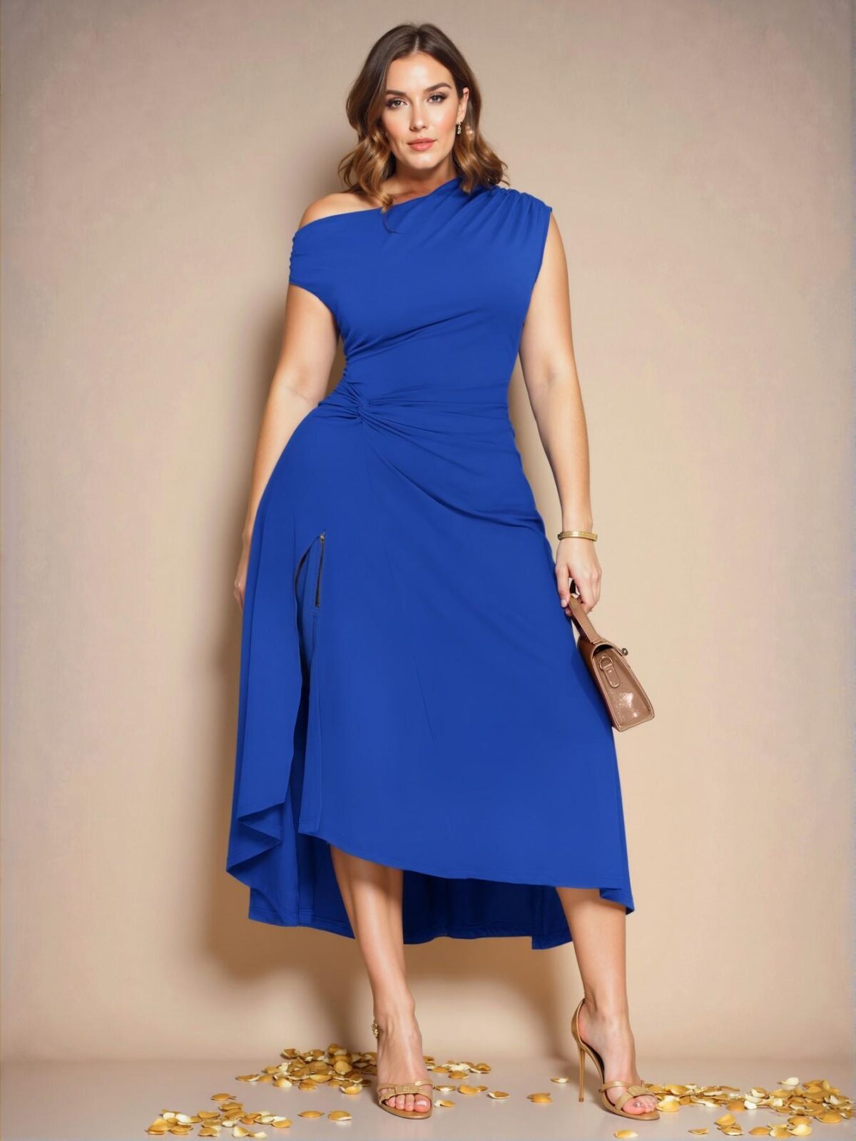 Elegant Royal Blue Stylish Asymmetrical Neck Twist Front Dress with Split Hem for Birthday Celebrations - Chic, Classy and Trendy Fashion Style to Dress to Impress