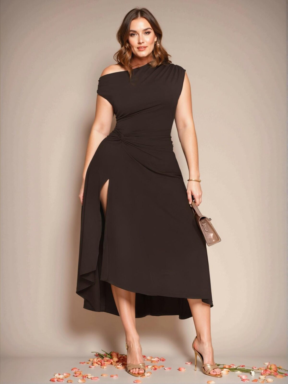 Elegant Coffee Brown Asymmetrical Twist Knot Midi Dress, Perfect for Formal Occasions, Summer Parties, and Birthdays, Fitted and Chic Fashion Style to Dress to Impress