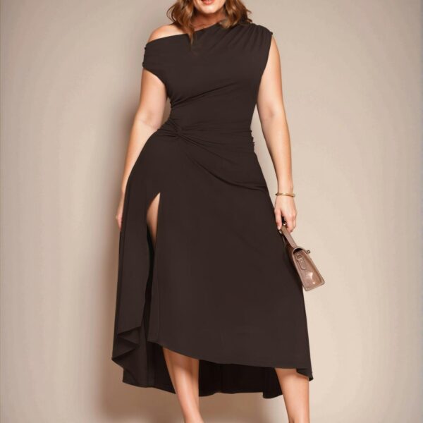 Elegant Coffee Brown Asymmetrical Twist Knot Midi Dress, Perfect for Formal Occasions, Summer Parties, and Birthdays, Fitted and Chic Fashion Style to Dress to Impress