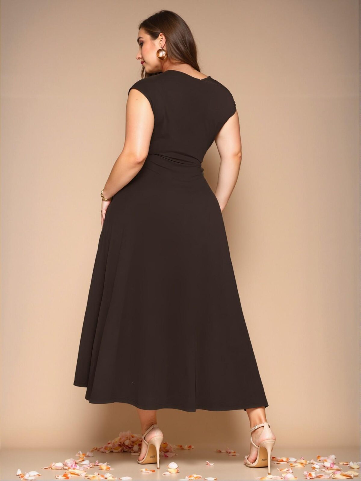 Elegant Coffee Brown Asymmetrical Twist Knot Midi Dress, Perfect for Formal Occasions, Summer Parties, and Birthdays, Fitted and Chic Fashion Style to Dress to Impress - Image 2