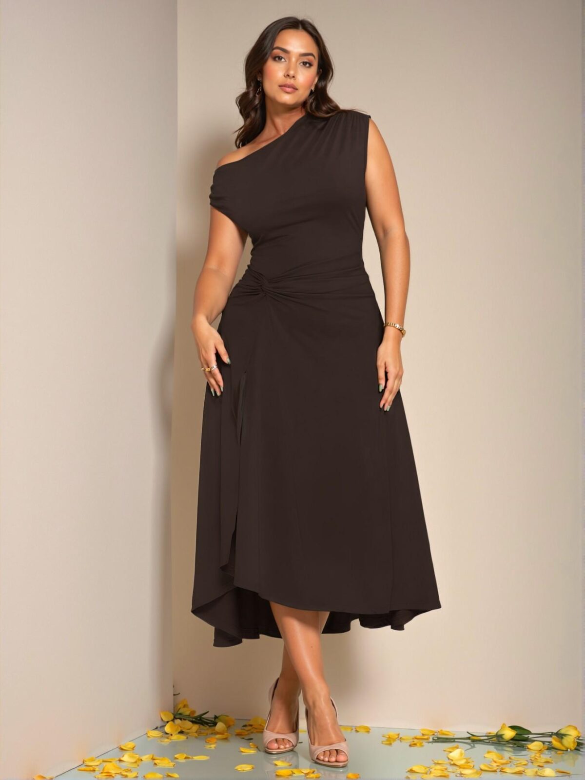 Elegant Coffee Brown Asymmetrical Twist Knot Midi Dress, Perfect for Formal Occasions, Summer Parties, and Birthdays, Fitted and Chic Fashion Style to Dress to Impress - Image 3