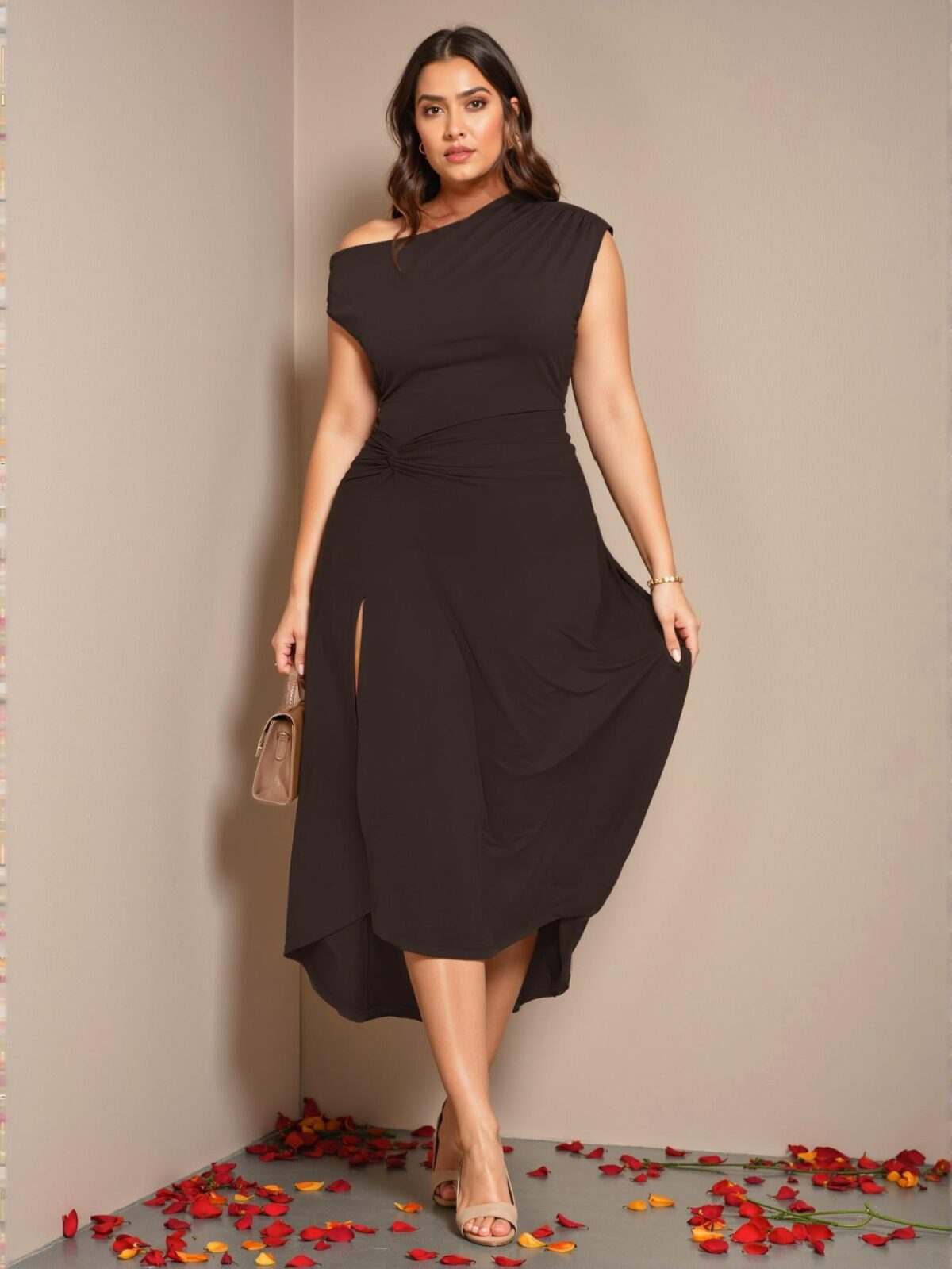 Elegant Coffee Brown Asymmetrical Twist Knot Midi Dress, Perfect for Formal Occasions, Summer Parties, and Birthdays, Fitted and Chic Fashion Style to Dress to Impress - Image 4