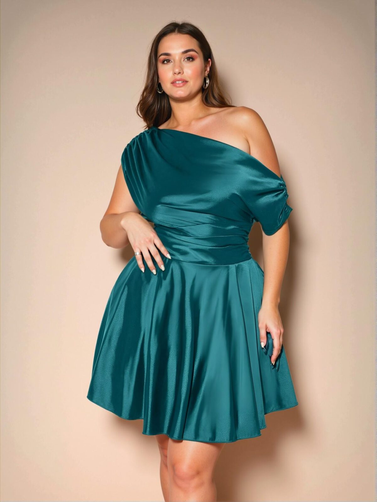 Elegant Teal Blue Asymmetrical Open Shoulder Satin Dress for Romantic Dates, Afternoon Tea, and Festive Gatherings - Chic, Classy, and Trendy Fashion Style to Dress to Impress