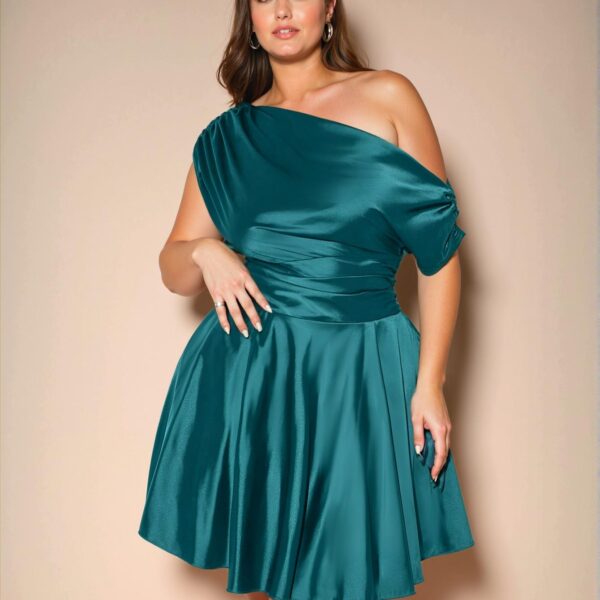 Elegant Teal Blue Asymmetrical Open Shoulder Satin Dress for Romantic Dates, Afternoon Tea, and Festive Gatherings - Chic, Classy, and Trendy Fashion Style to Dress to Impress