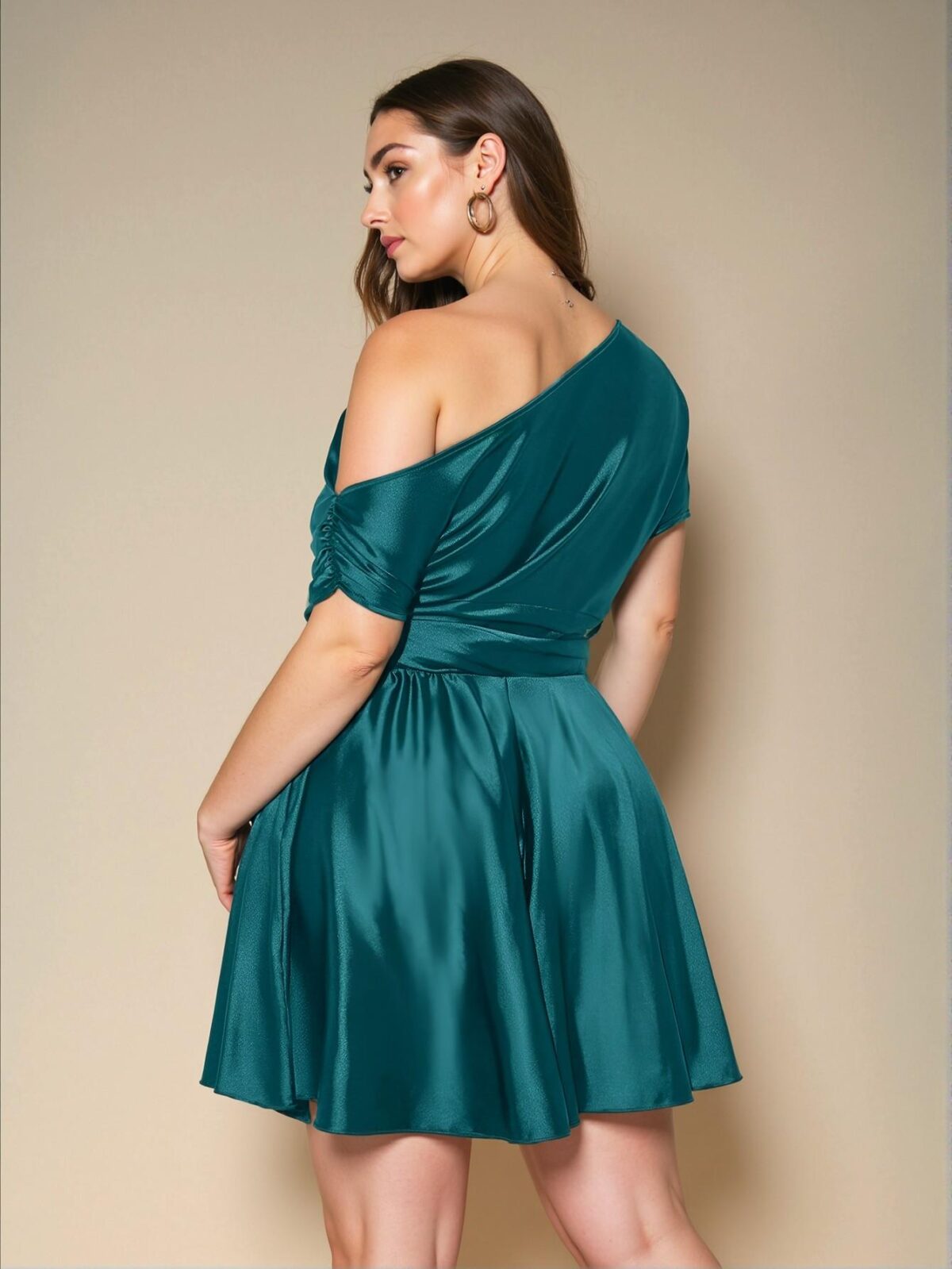 Elegant Teal Blue Asymmetrical Open Shoulder Satin Dress for Romantic Dates, Afternoon Tea, and Festive Gatherings - Chic, Classy, and Trendy Fashion Style to Dress to Impress - Image 2