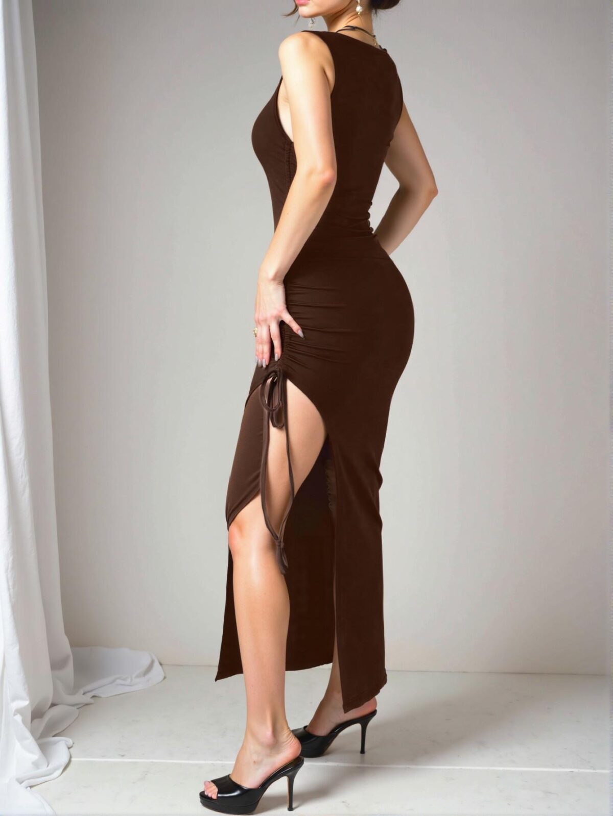 Elegant Brown Fitted Knit Maxi Dress with Side Drawstring and High Slit for Summer Outings - Chic, Classy and Trendy Fashion Style to Dress to Impress - Image 2