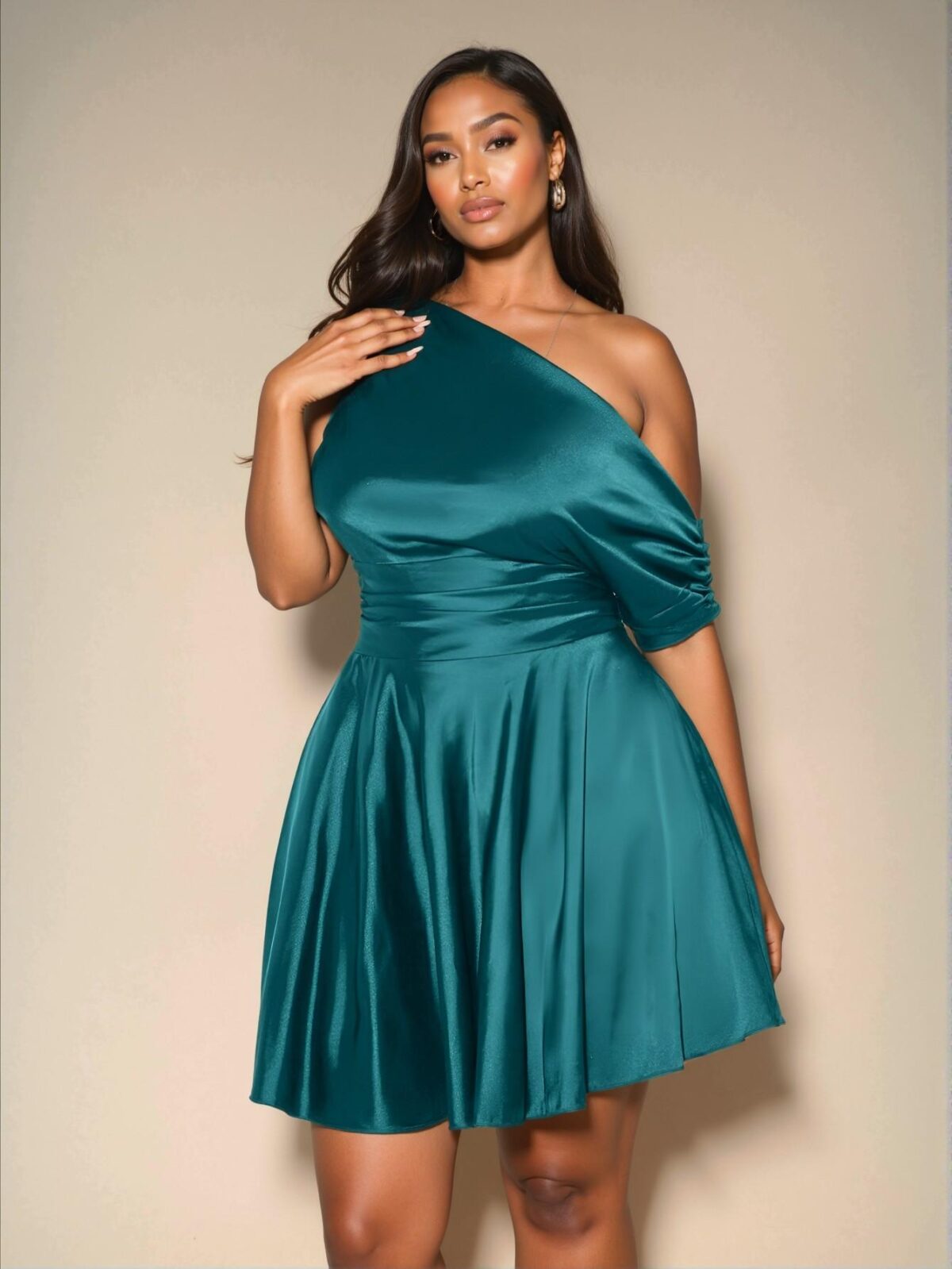 Elegant Teal Blue Asymmetrical Open Shoulder Satin Dress for Romantic Dates, Afternoon Tea, and Festive Gatherings - Chic, Classy, and Trendy Fashion Style to Dress to Impress - Image 3