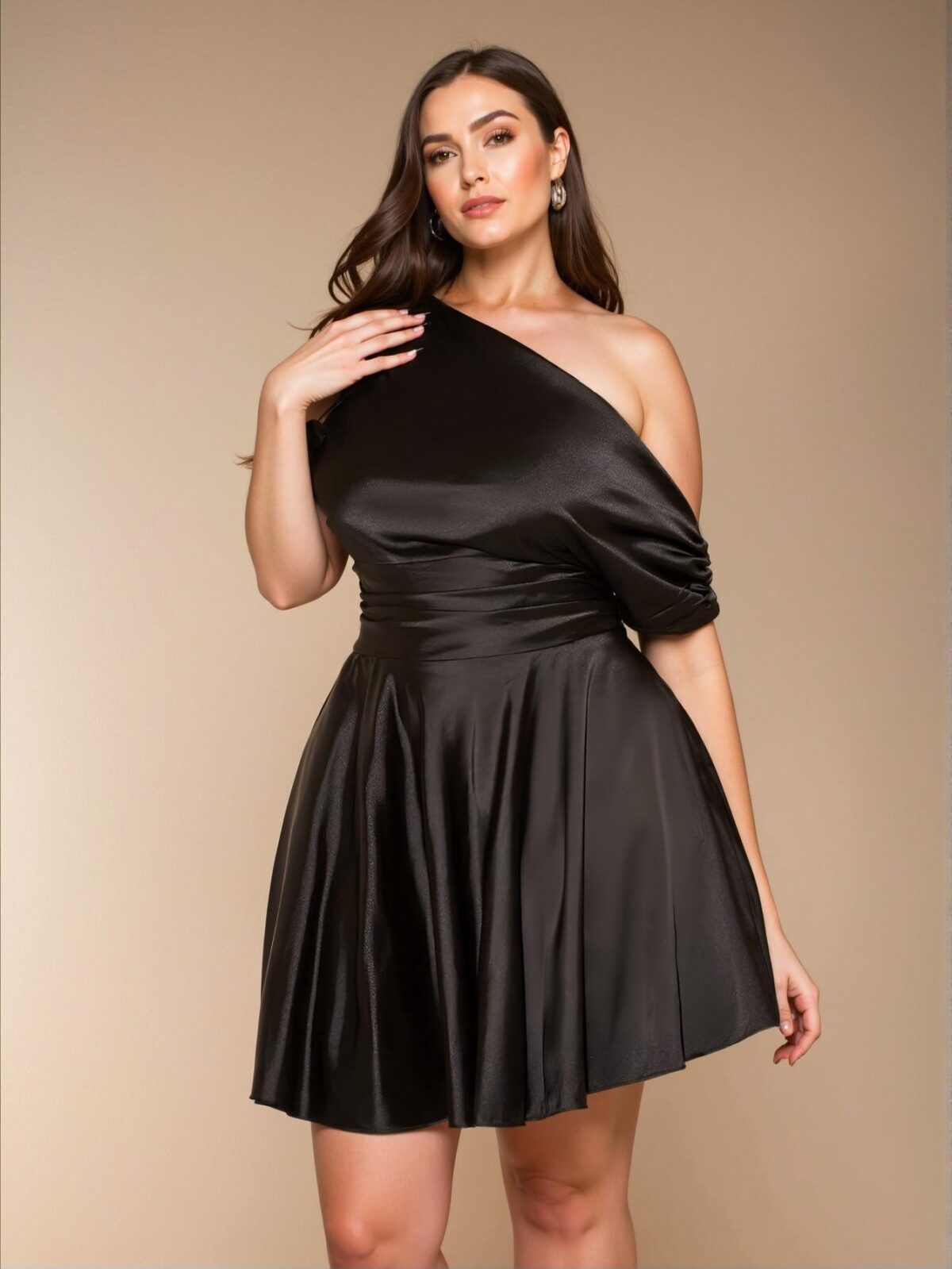 Elegant Black Asymmetrical Open Shoulder Satin Dress Perfect for Dates, Afternoon Tea, Parties, Work, Festivals, Beach, Rave, and Celebrations - Chic, Classy and Trendy Fashion Style to Dress to Impress