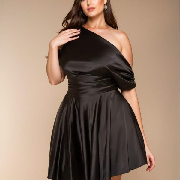 Elegant Black Asymmetrical Open Shoulder Satin Dress Perfect for Dates, Afternoon Tea, Parties, Work, Festivals, Beach, Rave, and Celebrations - Chic, Classy and Trendy Fashion Style to Dress to Impress
