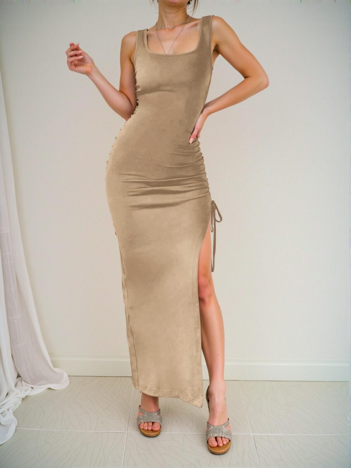 Elegant Apricot Casual Side Drawstring Fitted Knit Maxi Dress Perfect for Spring and Summer Events - Chic, Classy and Trendy Fashion Style to Dress to Impress - Image 3