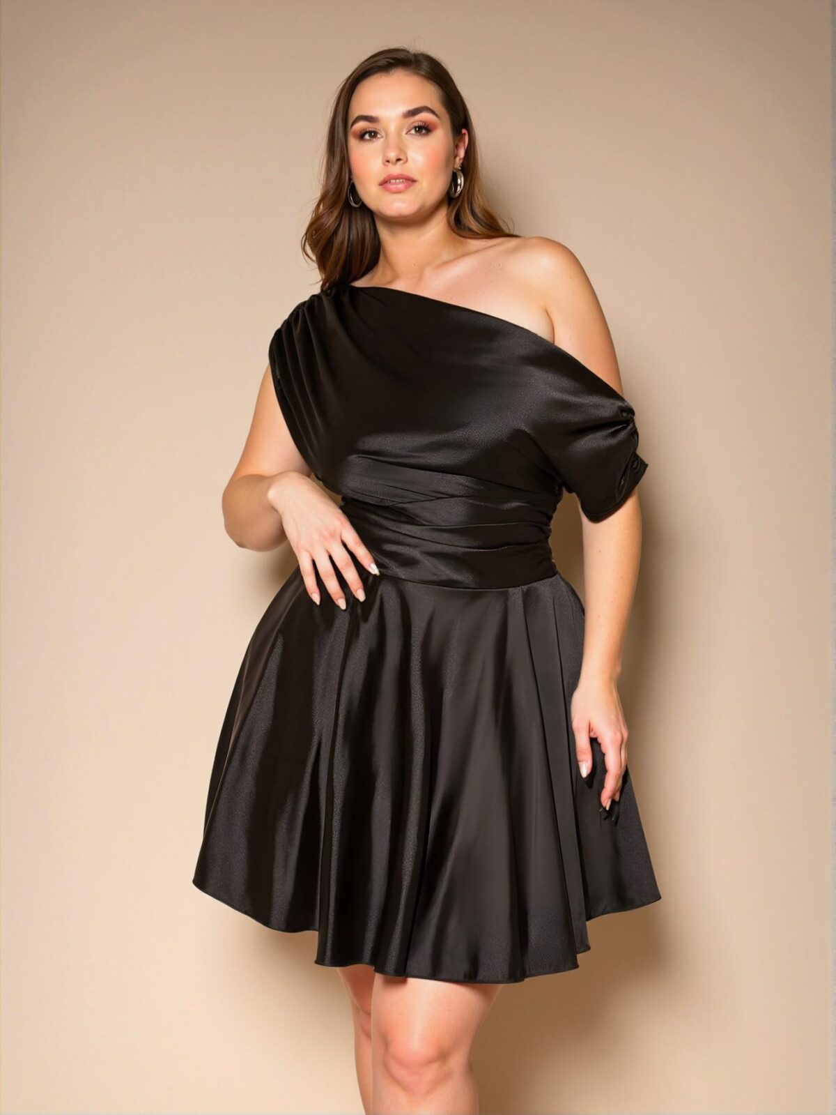 Elegant Black Asymmetrical Open Shoulder Satin Dress Perfect for Dates, Afternoon Tea, Parties, Work, Festivals, Beach, Rave, and Celebrations - Chic, Classy and Trendy Fashion Style to Dress to Impress - Image 5