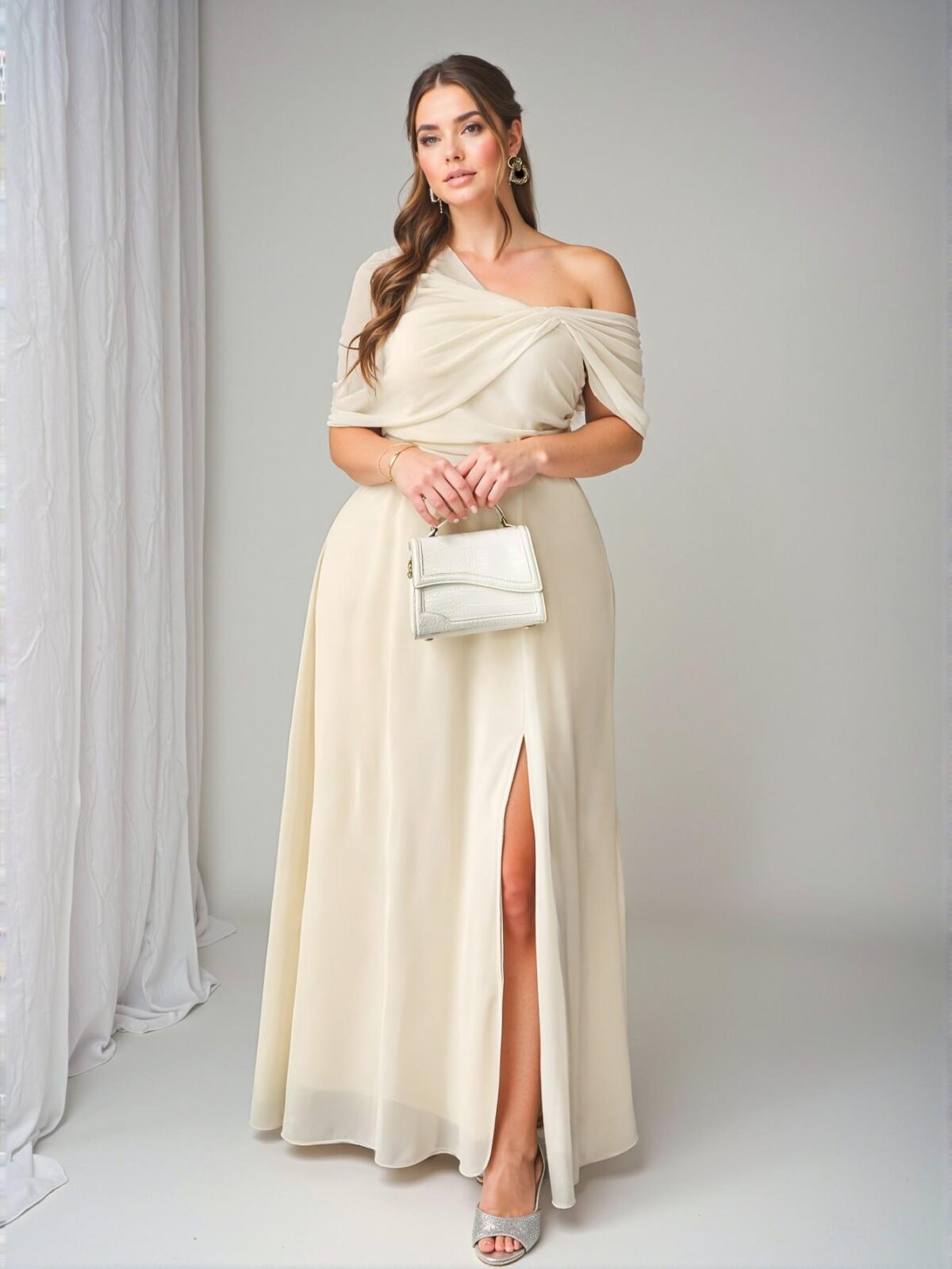 Elegant Apricot Asymmetrical One Shoulder Chiffon Midi Dress with Slit for Wedding Guests and Parties - Chic, Classy and Trendy Fashion Style to Dress to Impress