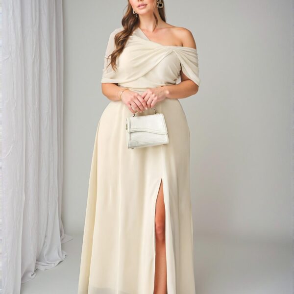 Elegant Apricot Asymmetrical One Shoulder Chiffon Midi Dress with Slit for Wedding Guests and Parties - Chic, Classy and Trendy Fashion Style to Dress to Impress