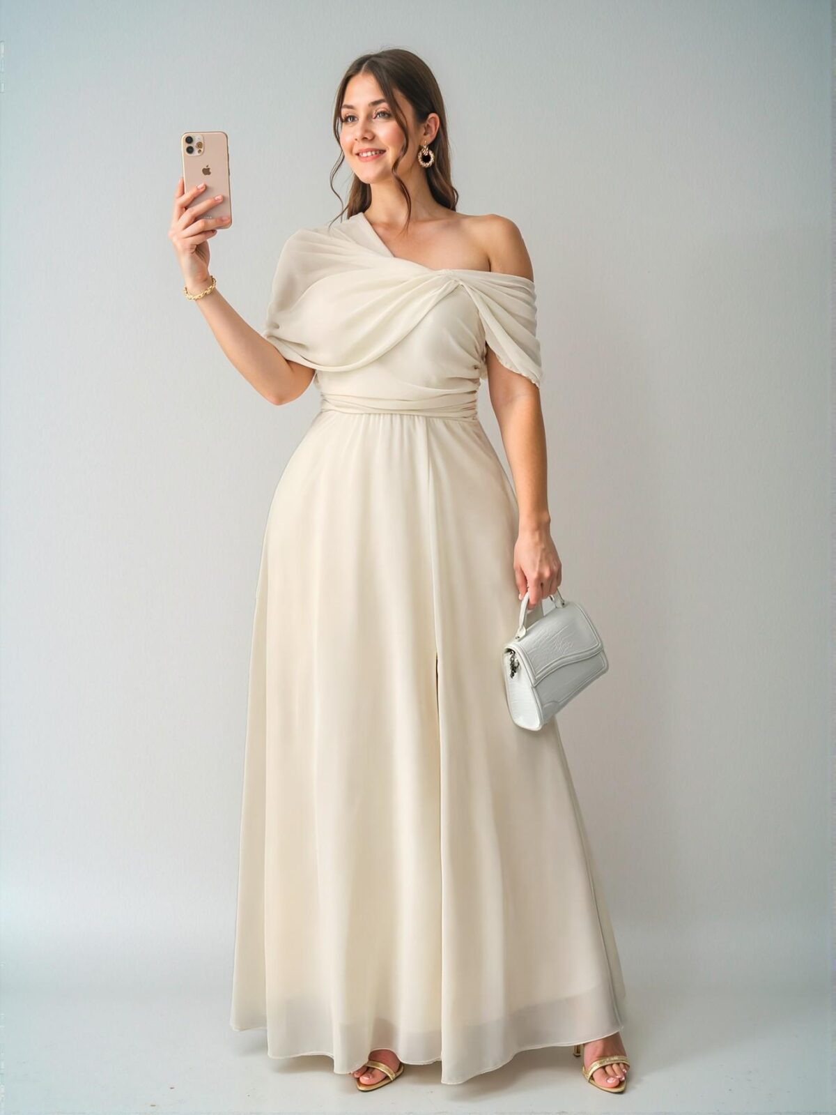 Elegant Apricot Asymmetrical One Shoulder Chiffon Midi Dress with Slit for Wedding Guests and Parties - Chic, Classy and Trendy Fashion Style to Dress to Impress - Image 3