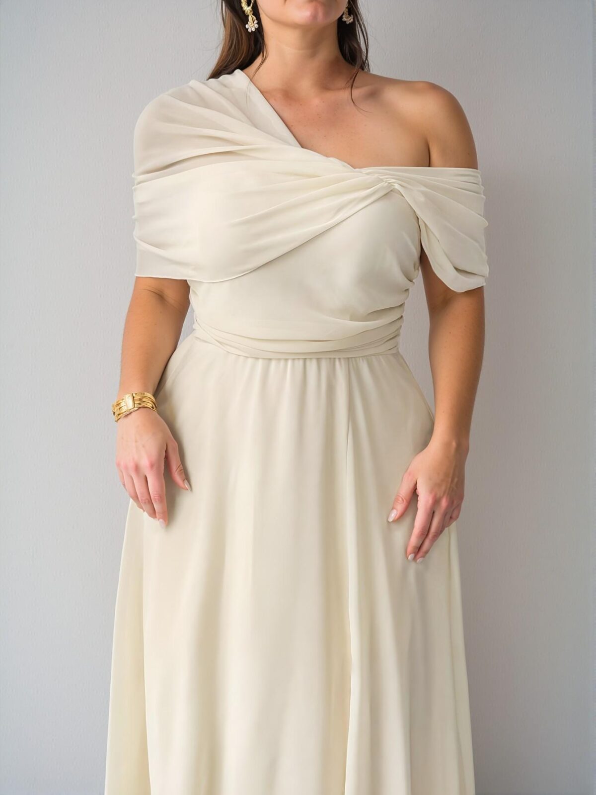 Elegant Apricot Asymmetrical One Shoulder Chiffon Midi Dress with Slit for Wedding Guests and Parties - Chic, Classy and Trendy Fashion Style to Dress to Impress - Image 4
