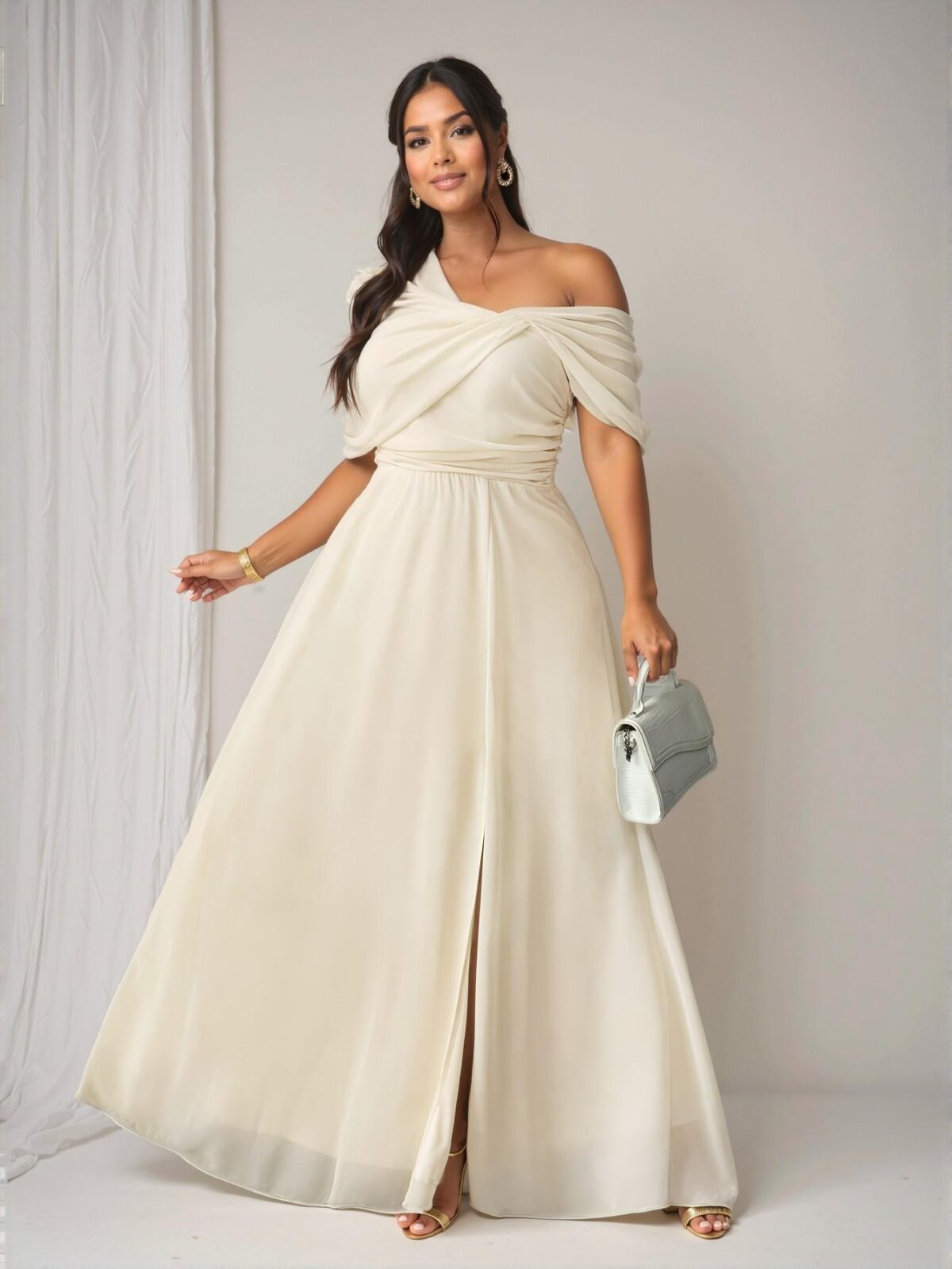 Elegant Apricot Asymmetrical One Shoulder Chiffon Midi Dress with Slit for Wedding Guests and Parties - Chic, Classy and Trendy Fashion Style to Dress to Impress - Image 5