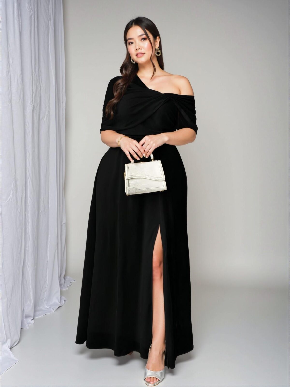 Elegant Black Asymmetrical One Shoulder Slit Chiffon Dress for Romantic Weddings and Banquets - Chic, Classy and Trendy Fashion Style to Dress to Impress