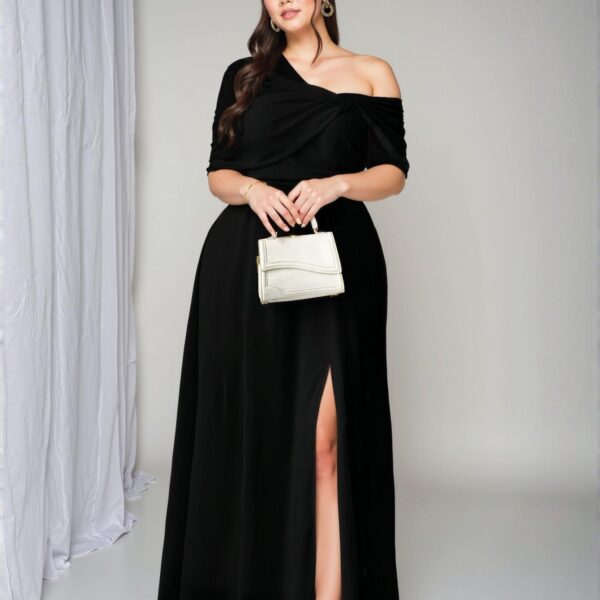 Elegant Black Asymmetrical One Shoulder Slit Chiffon Dress for Romantic Weddings and Banquets - Chic, Classy and Trendy Fashion Style to Dress to Impress