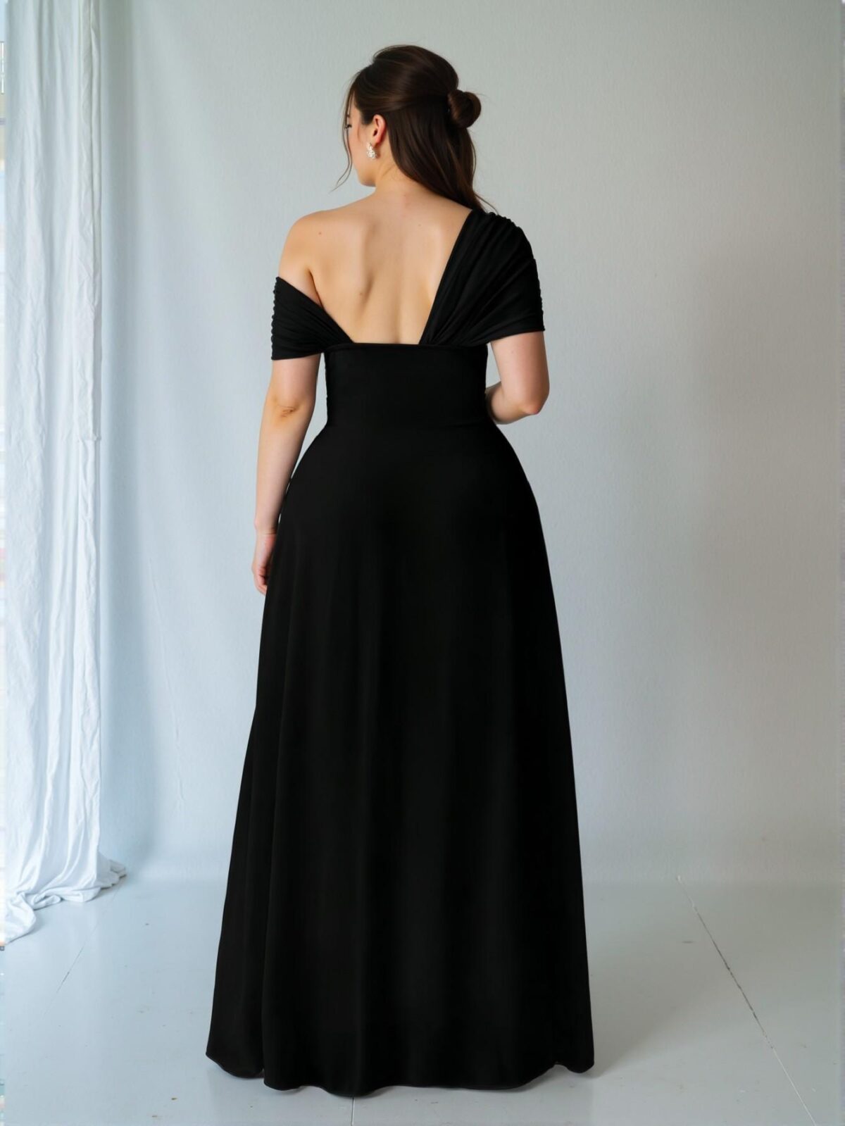 Elegant Black Asymmetrical One Shoulder Slit Chiffon Dress for Romantic Weddings and Banquets - Chic, Classy and Trendy Fashion Style to Dress to Impress - Image 2