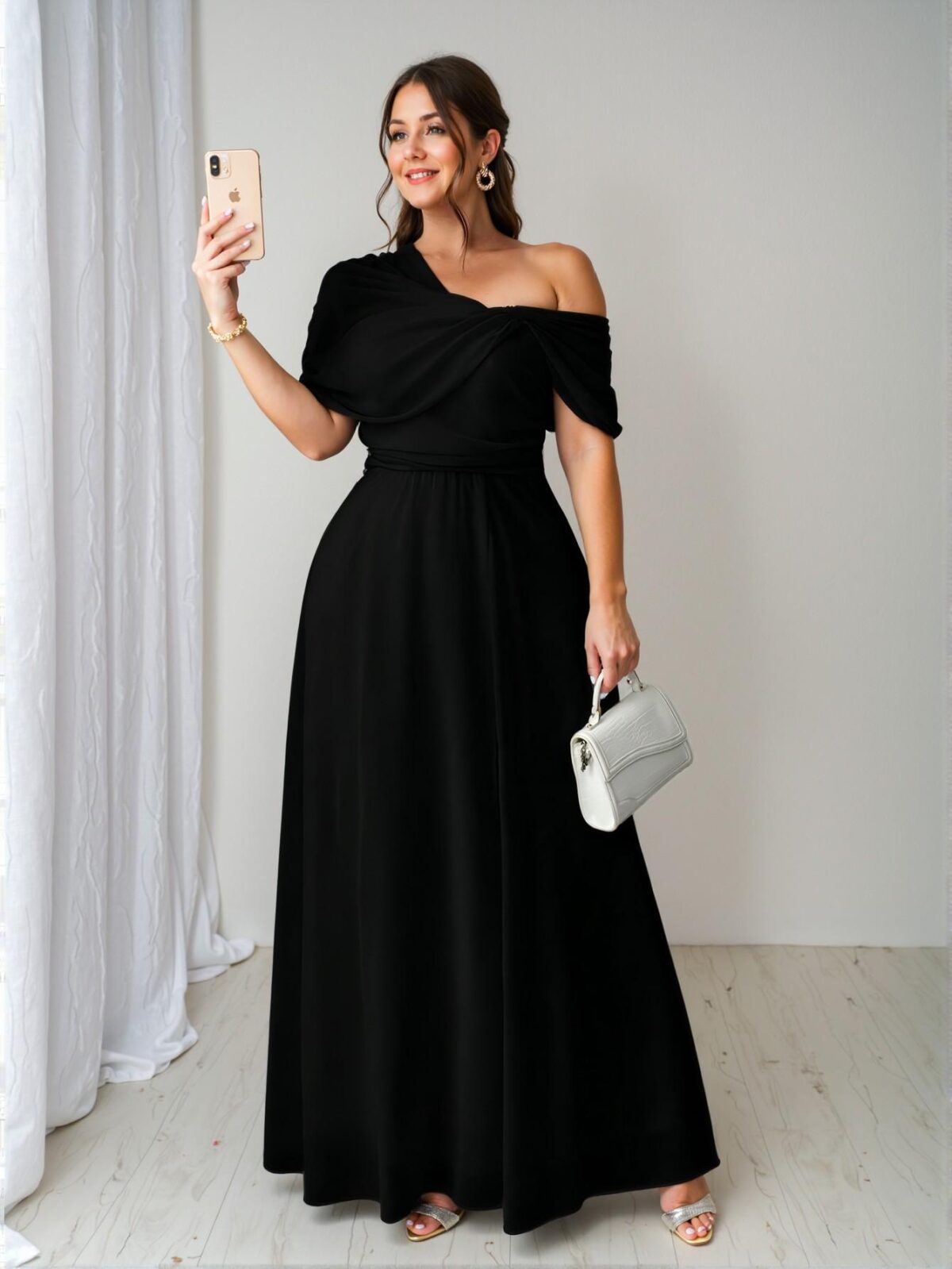 Elegant Black Asymmetrical One Shoulder Slit Chiffon Dress for Romantic Weddings and Banquets - Chic, Classy and Trendy Fashion Style to Dress to Impress - Image 3