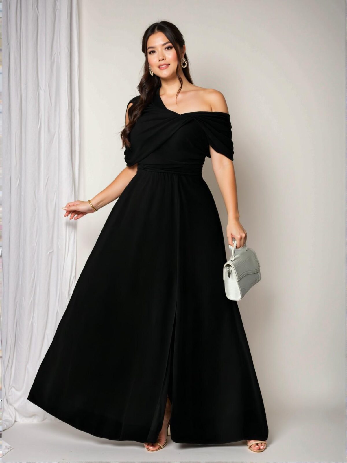 Elegant Black Asymmetrical One Shoulder Slit Chiffon Dress for Romantic Weddings and Banquets - Chic, Classy and Trendy Fashion Style to Dress to Impress - Image 5