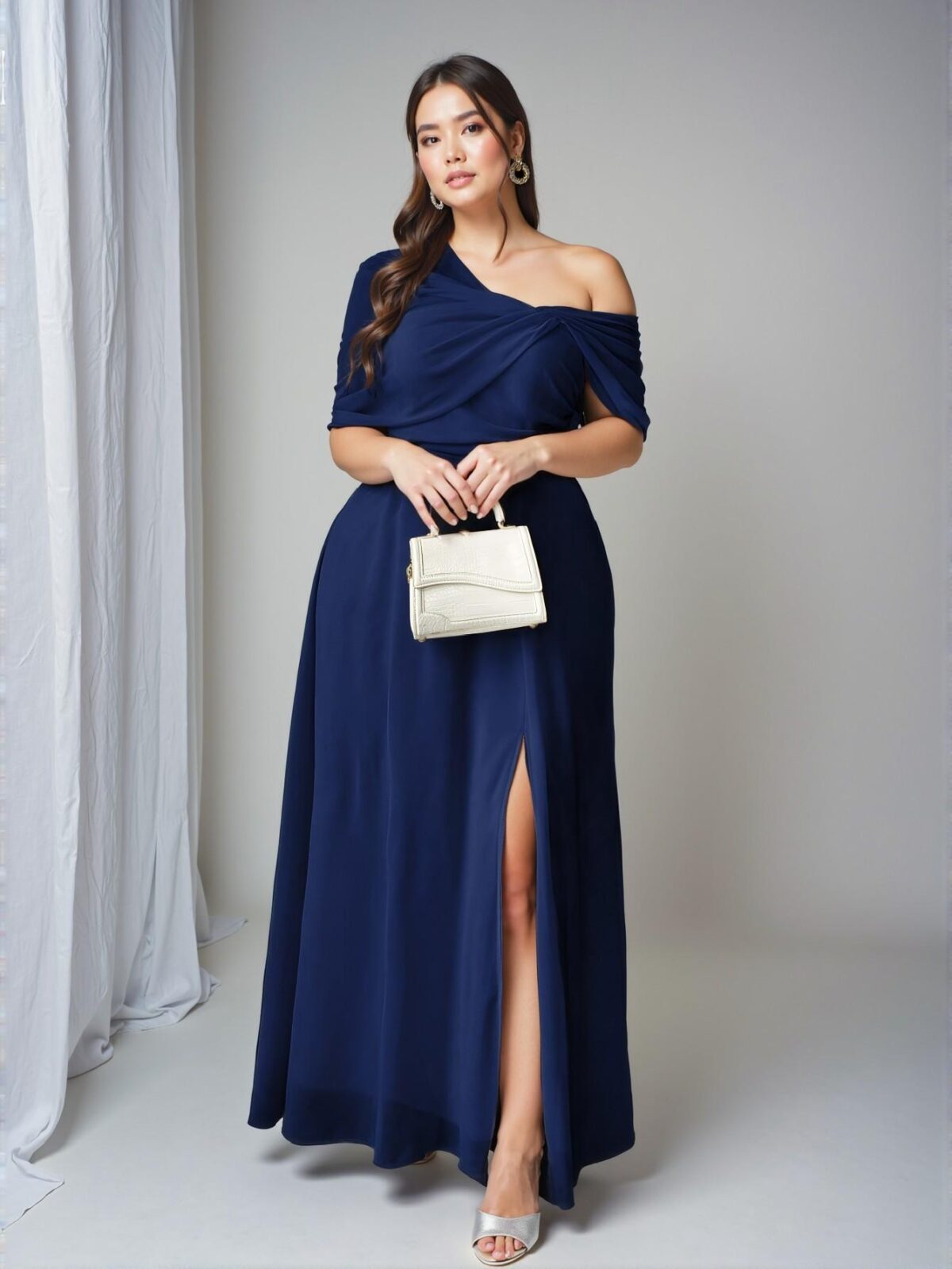 Elegant Navy Blue Chic One-Shoulder Chiffon Dress with Split Hem for Weddings and Parties - Classy and Trendy Fashion Style to Dress to Impress