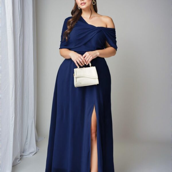 Elegant Navy Blue Chic One-Shoulder Chiffon Dress with Split Hem for Weddings and Parties - Classy and Trendy Fashion Style to Dress to Impress