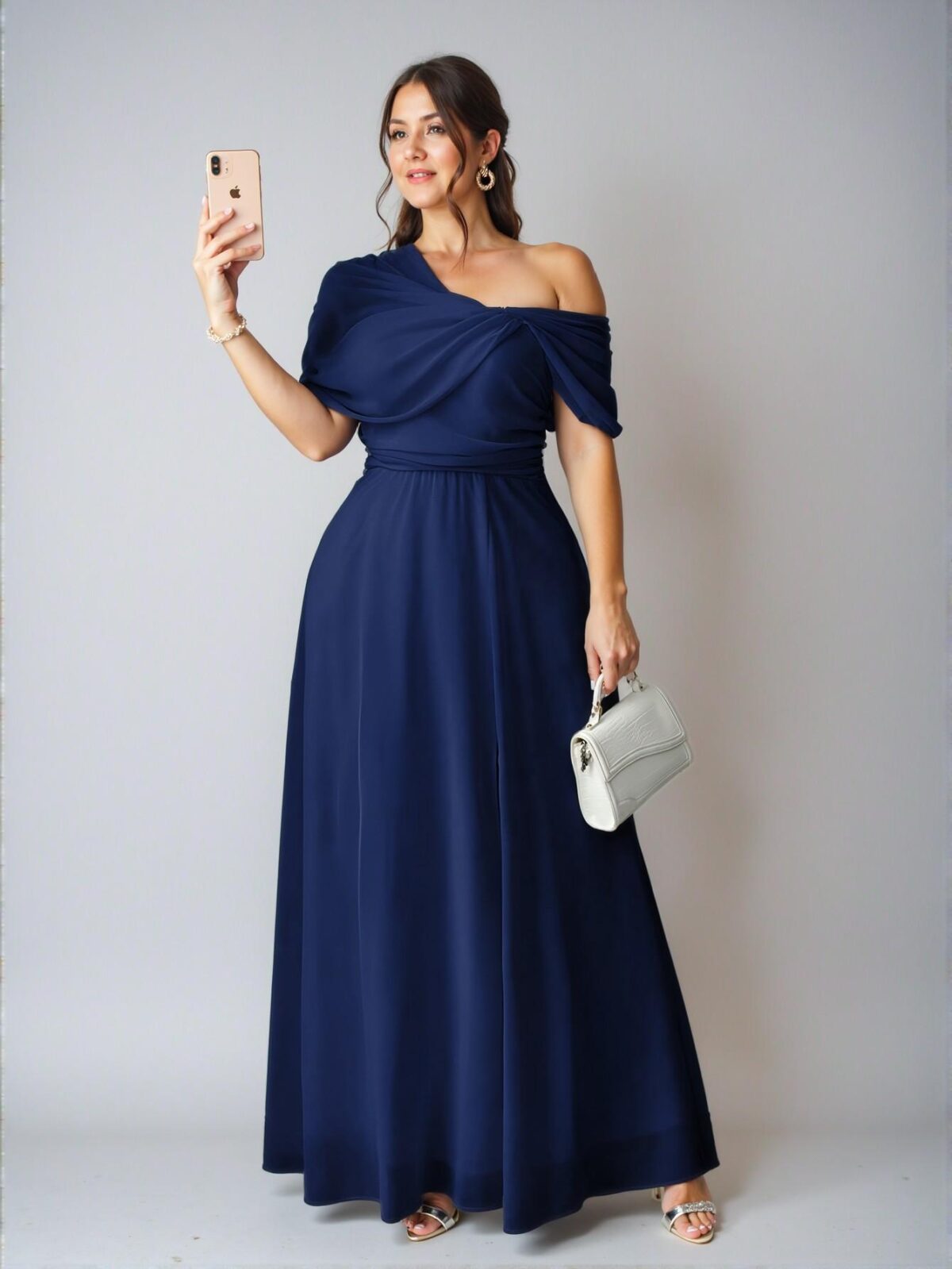 Elegant Navy Blue Chic One-Shoulder Chiffon Dress with Split Hem for Weddings and Parties - Classy and Trendy Fashion Style to Dress to Impress - Image 3