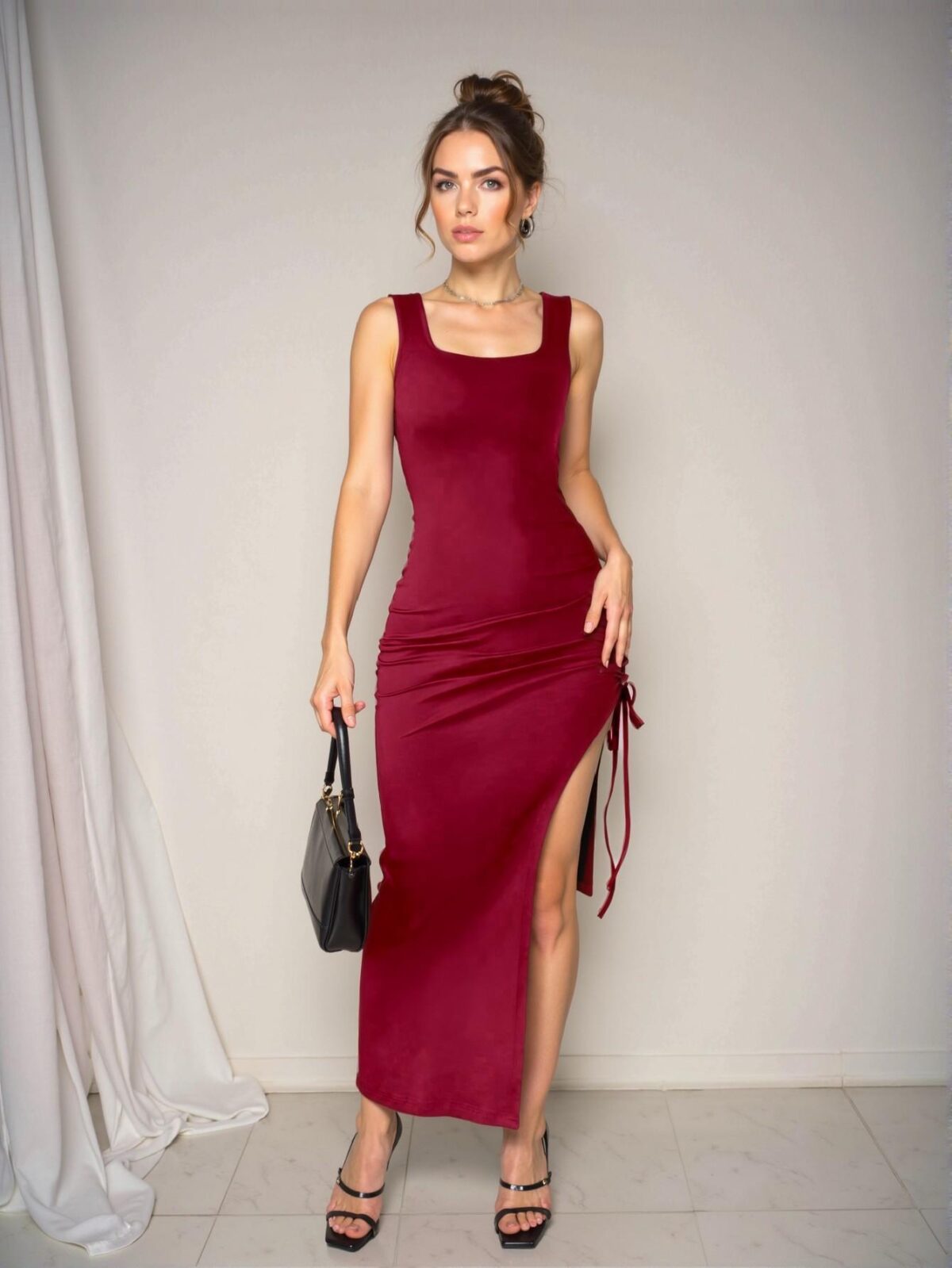 Elegant Red Sleek Summer Bodycon Dress with Side Drawstring and High Slit for Spring and New Year Events - Chic, Classy and Trendy Fashion Style to Dress to Impress - Image 3