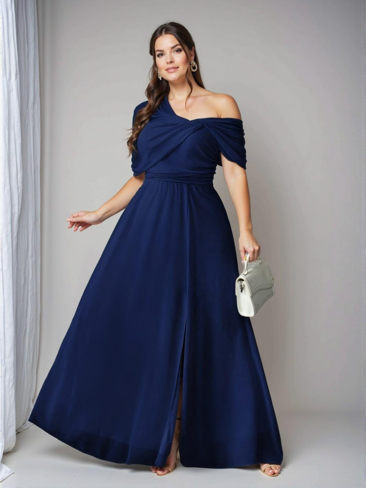 Elegant Navy Blue Chic One-Shoulder Chiffon Dress with Split Hem for Weddings and Parties - Classy and Trendy Fashion Style to Dress to Impress - Image 5