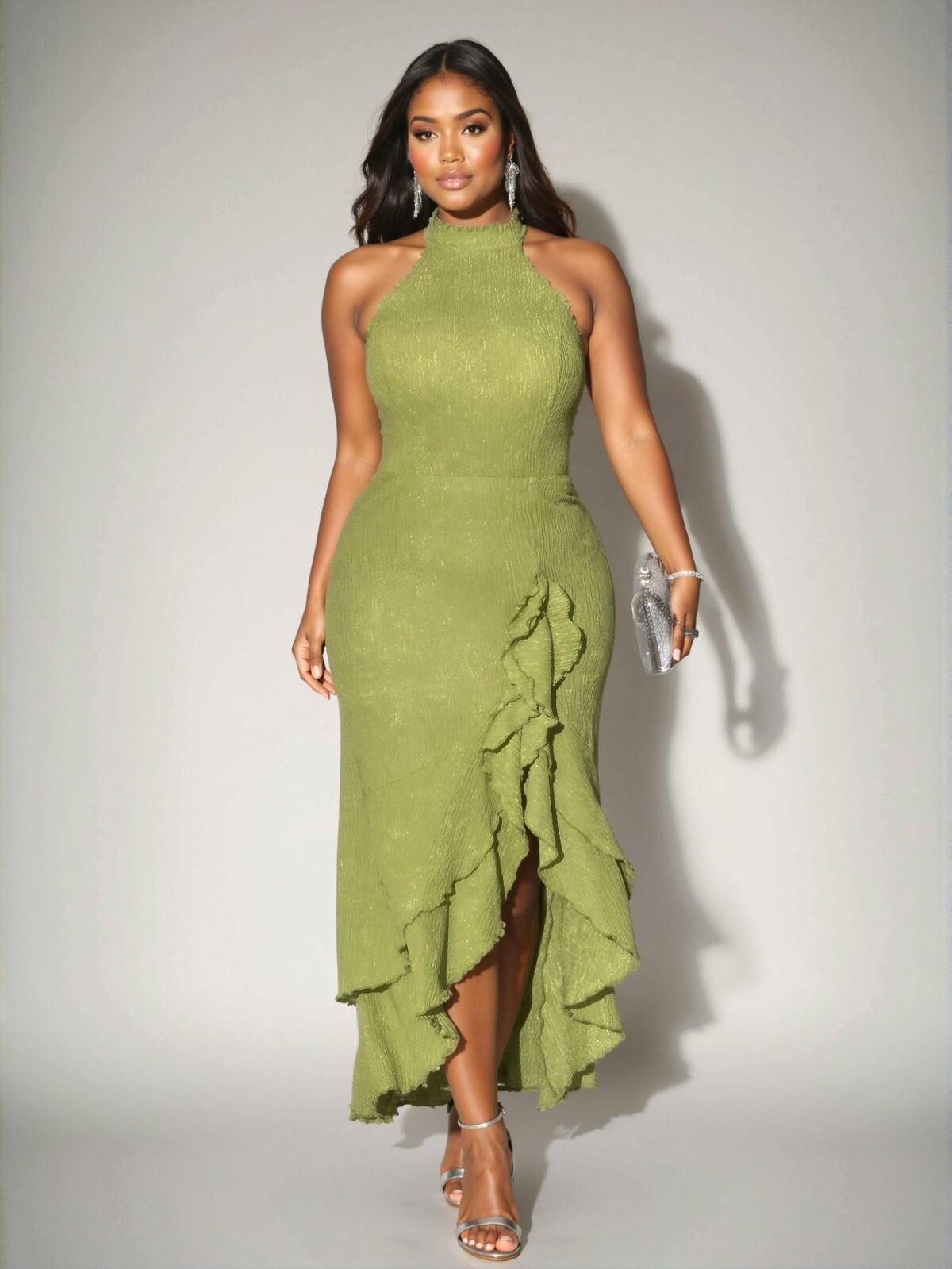 Elegant Green Chic Halter Neck Sleeveless Bodycon Textured Knit Dress for a Classy and Trendy Look to Dress to Impress - Image 2
