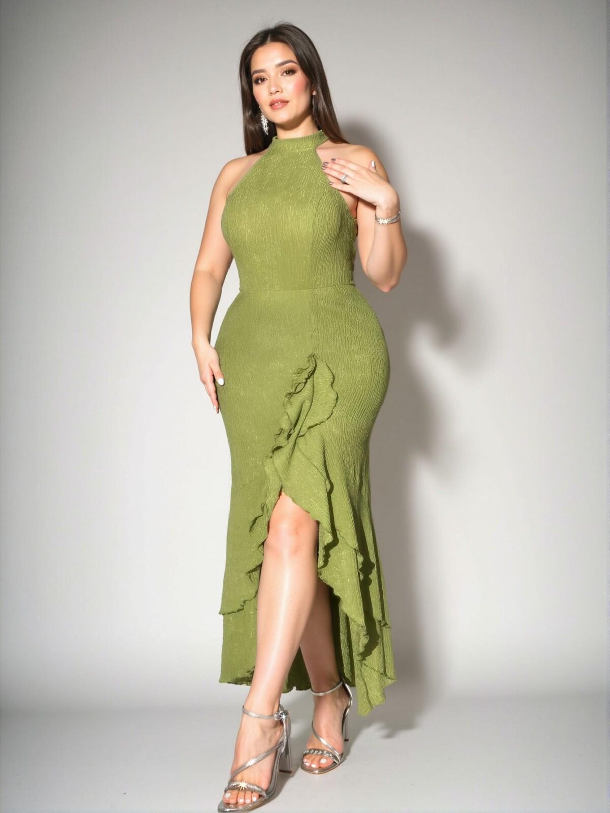 Elegant Green Chic Halter Neck Sleeveless Bodycon Textured Knit Dress for a Classy and Trendy Look to Dress to Impress - Image 5