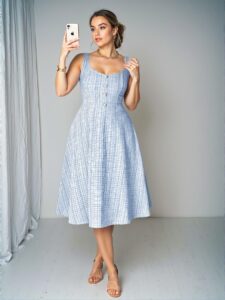 Elegant Blue Flared A-Line Dress with Faux Pearl Button Accents for a Chic, Classy and Trendy Fashion Style to Dress to Impress