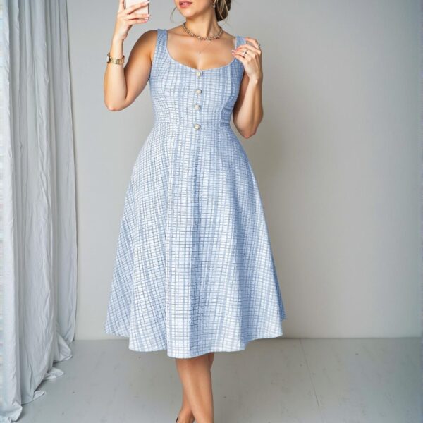 Elegant Blue Flared A-Line Dress with Faux Pearl Button Accents for a Chic, Classy and Trendy Fashion Style to Dress to Impress