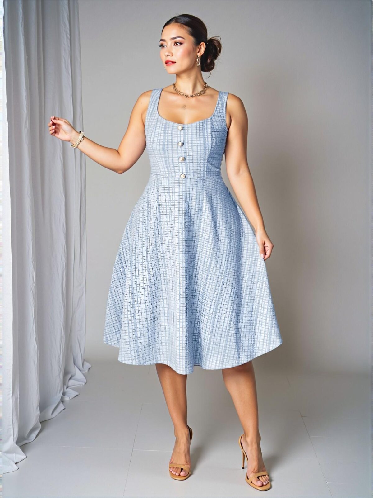 Elegant Blue Flared A-Line Dress with Faux Pearl Button Accents for a Chic, Classy and Trendy Fashion Style to Dress to Impress - Image 2