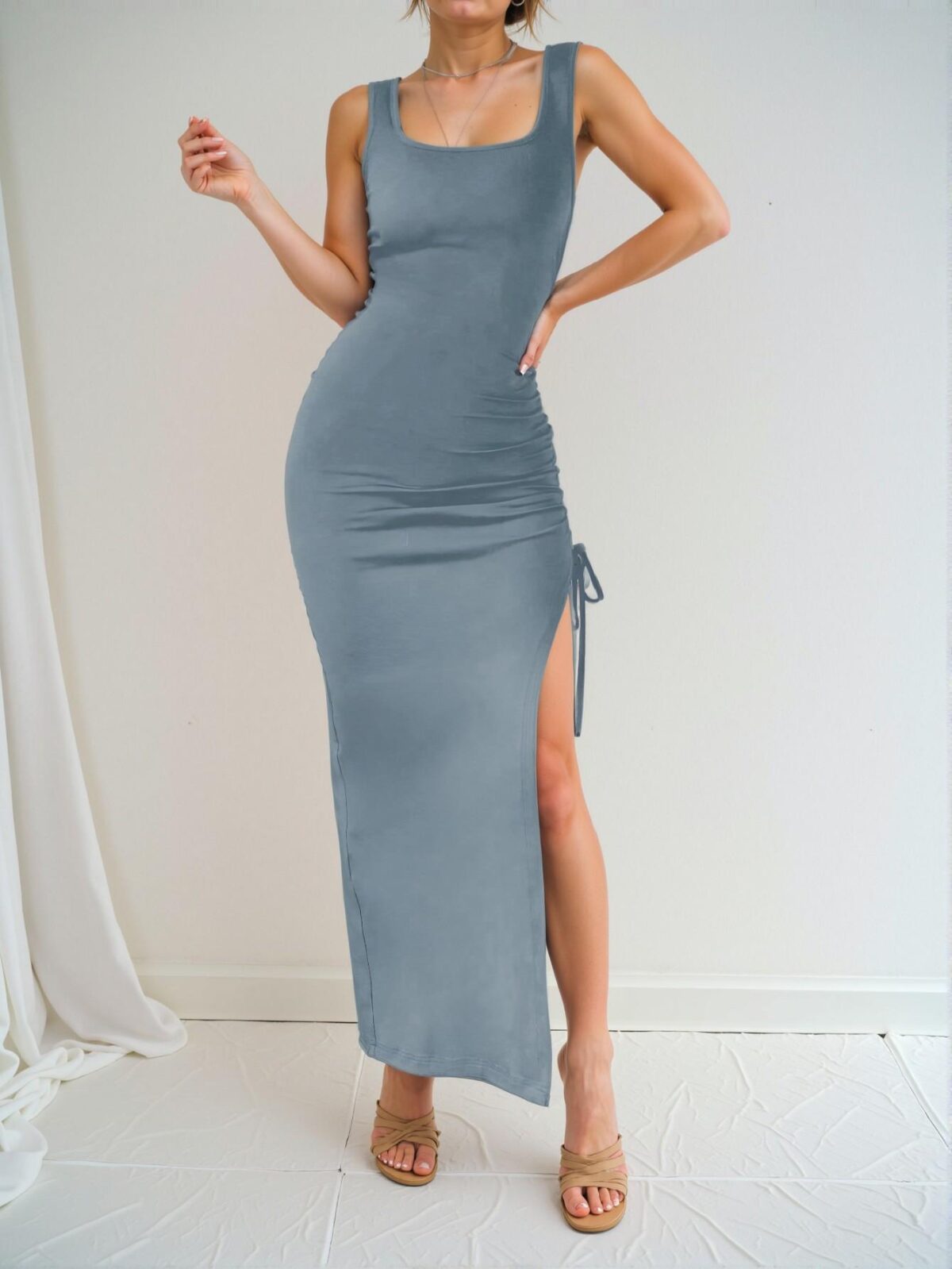 Elegant Dusty Blue Stylish Maxi Dress with High Slit and Side Drawstring for Spring and Summer - Chic, Classy and Trendy Fashion Style to Dress to Impress - Image 3