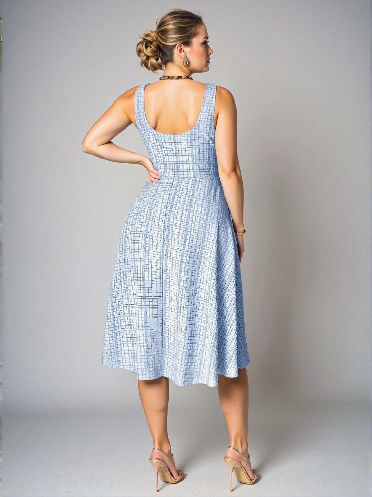 Elegant Blue Flared A-Line Dress with Faux Pearl Button Accents for a Chic, Classy and Trendy Fashion Style to Dress to Impress - Image 3
