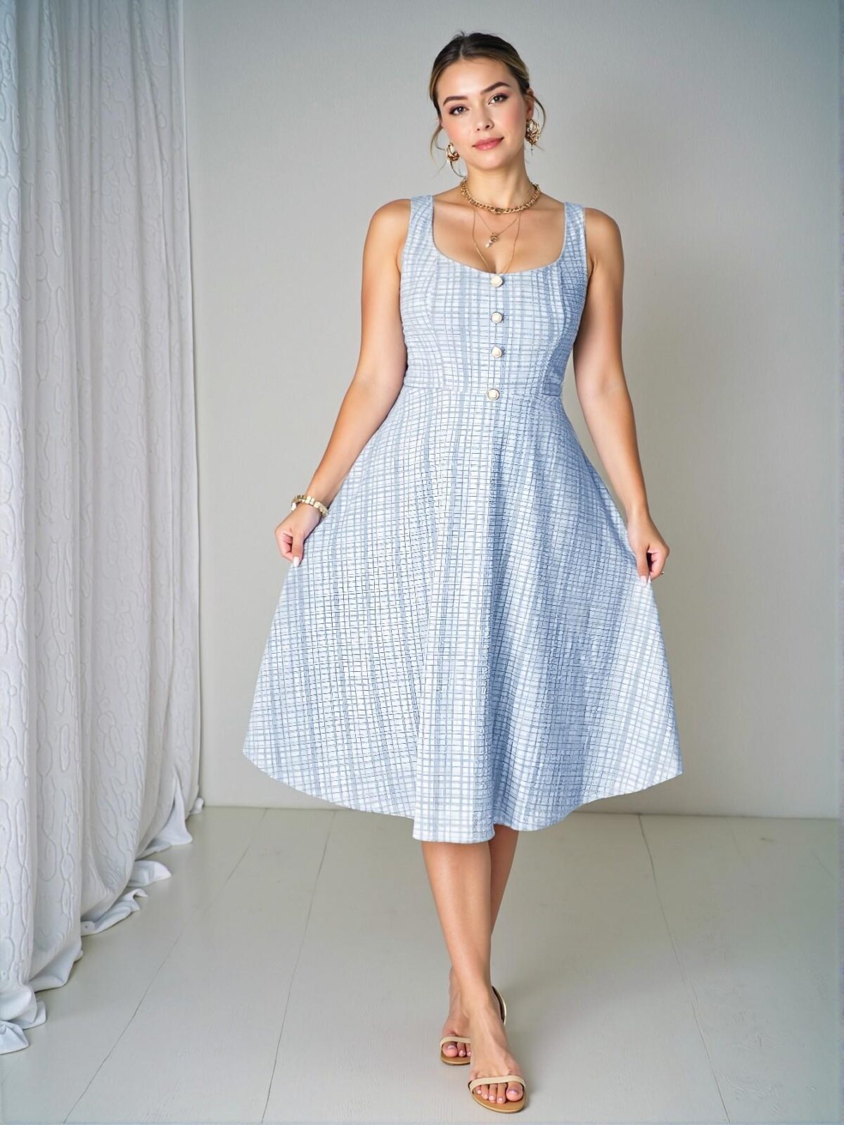 Elegant Blue Flared A-Line Dress with Faux Pearl Button Accents for a Chic, Classy and Trendy Fashion Style to Dress to Impress - Image 5