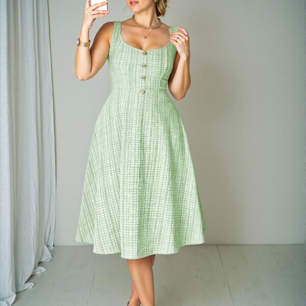 Elegant Green Charming Plus Size Sleeveless Camisole Dress with Pearl Button Detail for a Romantic Valentine's Day Look - Chic, Classy and Trendy Fashion Style to Dress to Impress