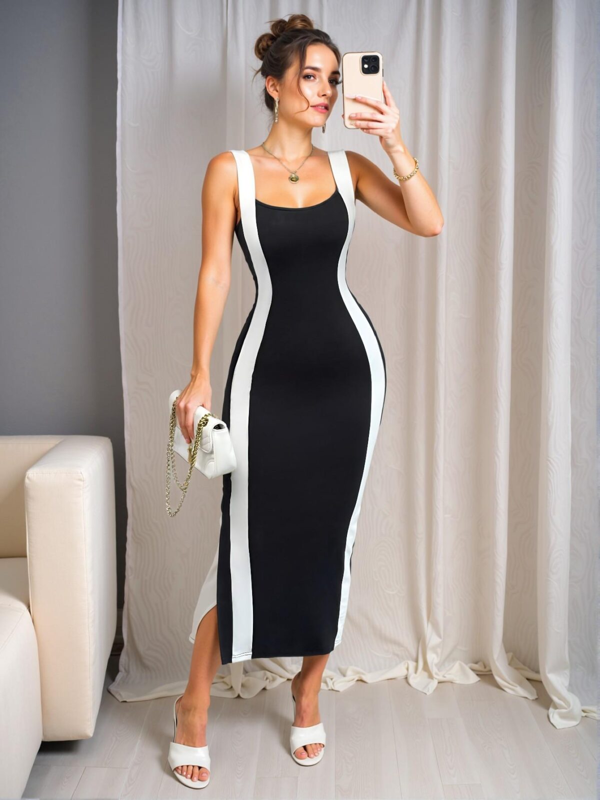 Elegant Black Color Block Mid-Length Slip Dress for Effortless Commuter Style - Chic, Classy and Trendy Fashion Style to Dress to Impress - Image 3