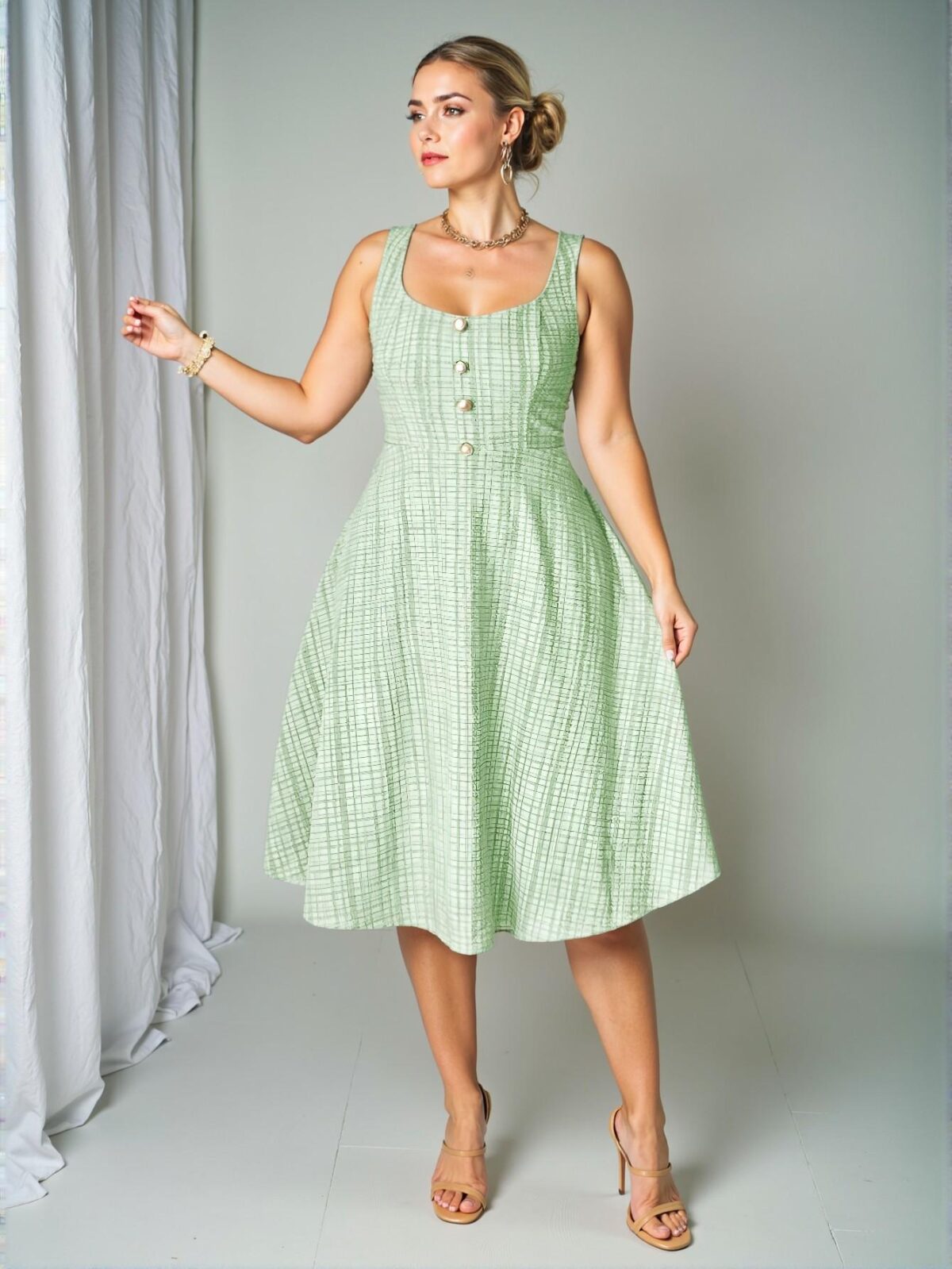 Elegant Green Charming Plus Size Sleeveless Camisole Dress with Pearl Button Detail for a Romantic Valentine's Day Look - Chic, Classy and Trendy Fashion Style to Dress to Impress - Image 3