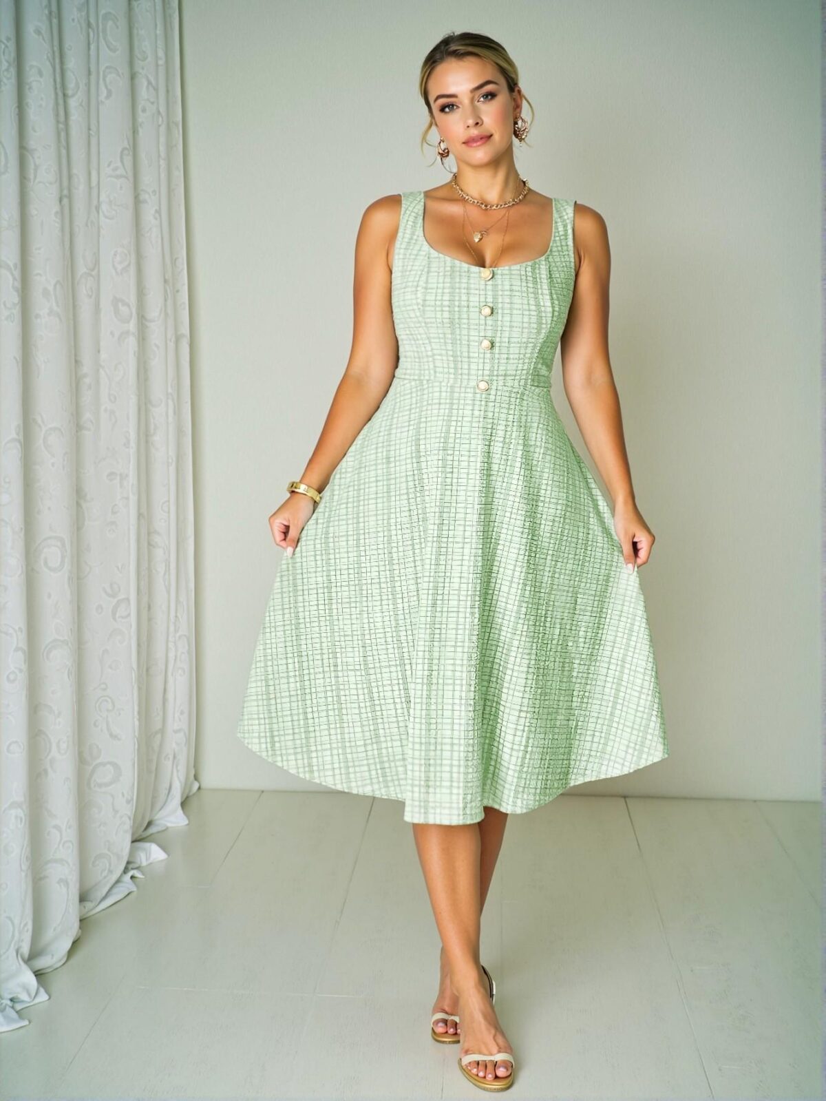 Elegant Green Charming Plus Size Sleeveless Camisole Dress with Pearl Button Detail for a Romantic Valentine's Day Look - Chic, Classy and Trendy Fashion Style to Dress to Impress - Image 5