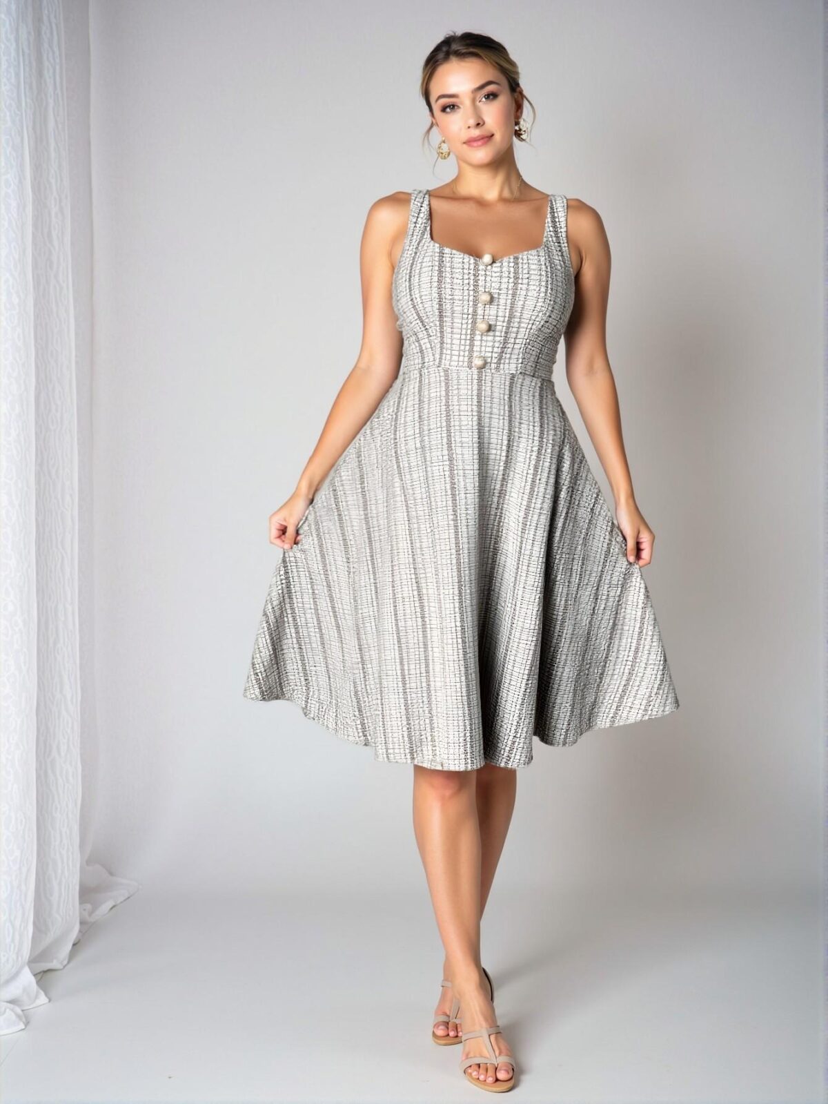 Elegant Multicolor Chic A-Line Dress with Faux Pearl Button Details Perfect for Valentine's Day - Chic, Classy and Trendy Fashion Style to Dress to Impress - Image 3