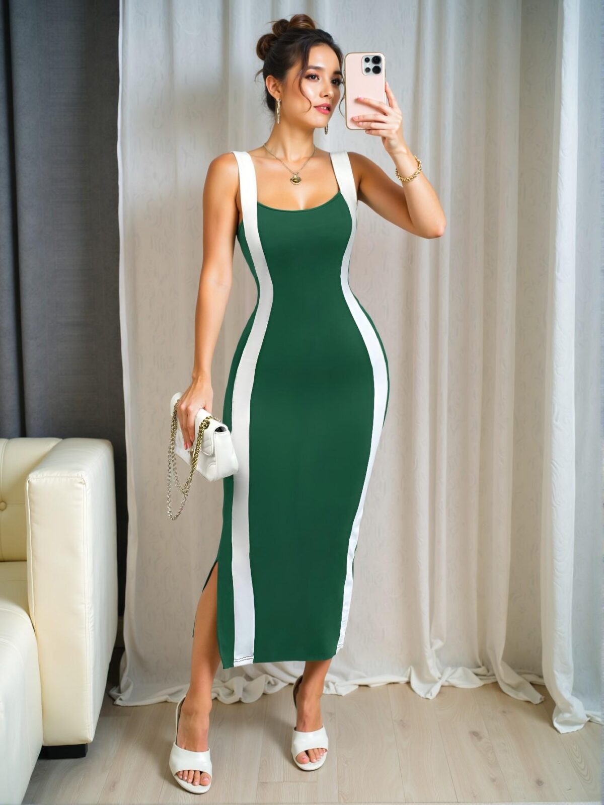 Elegant Green Stylish Midi Tank Dress with Colorblock Design for Spring and Summer – Chic, Classy and Trendy Fashion Style to Dress to Impress - Image 3