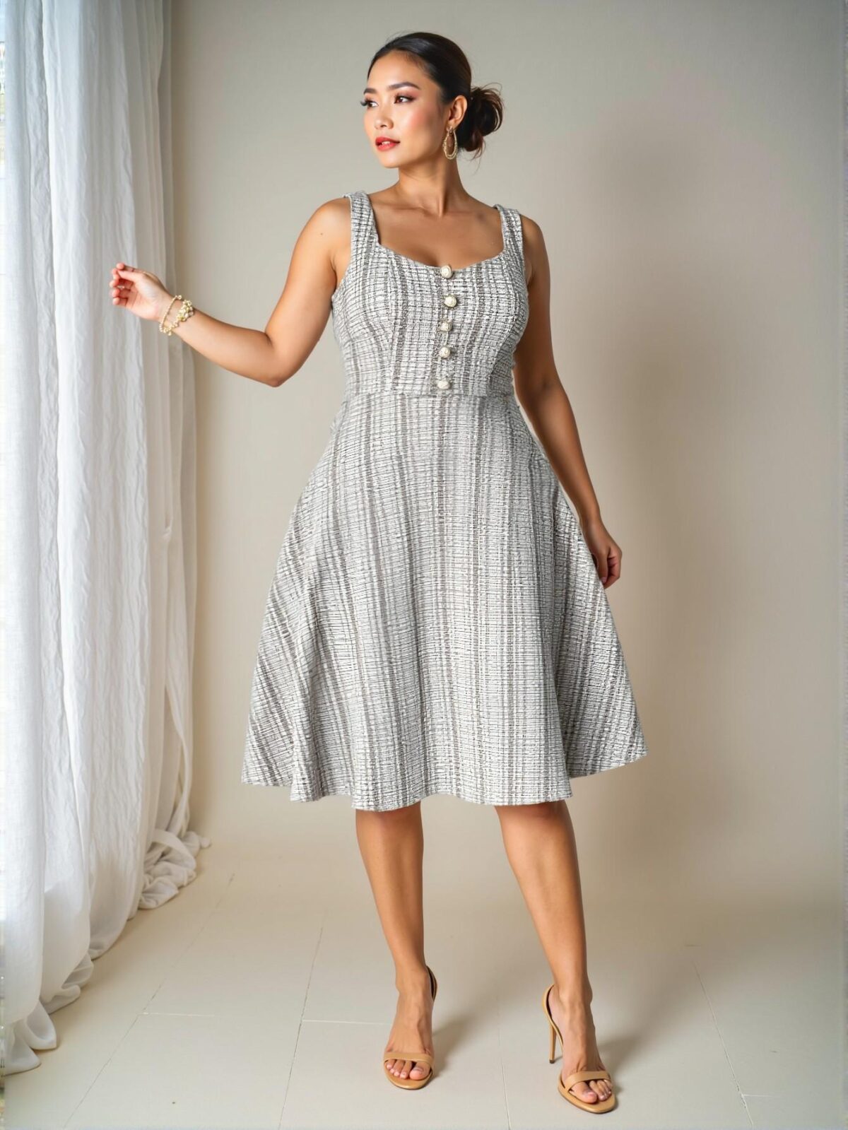 Elegant Multicolor Chic A-Line Dress with Faux Pearl Button Details Perfect for Valentine's Day - Chic, Classy and Trendy Fashion Style to Dress to Impress - Image 5