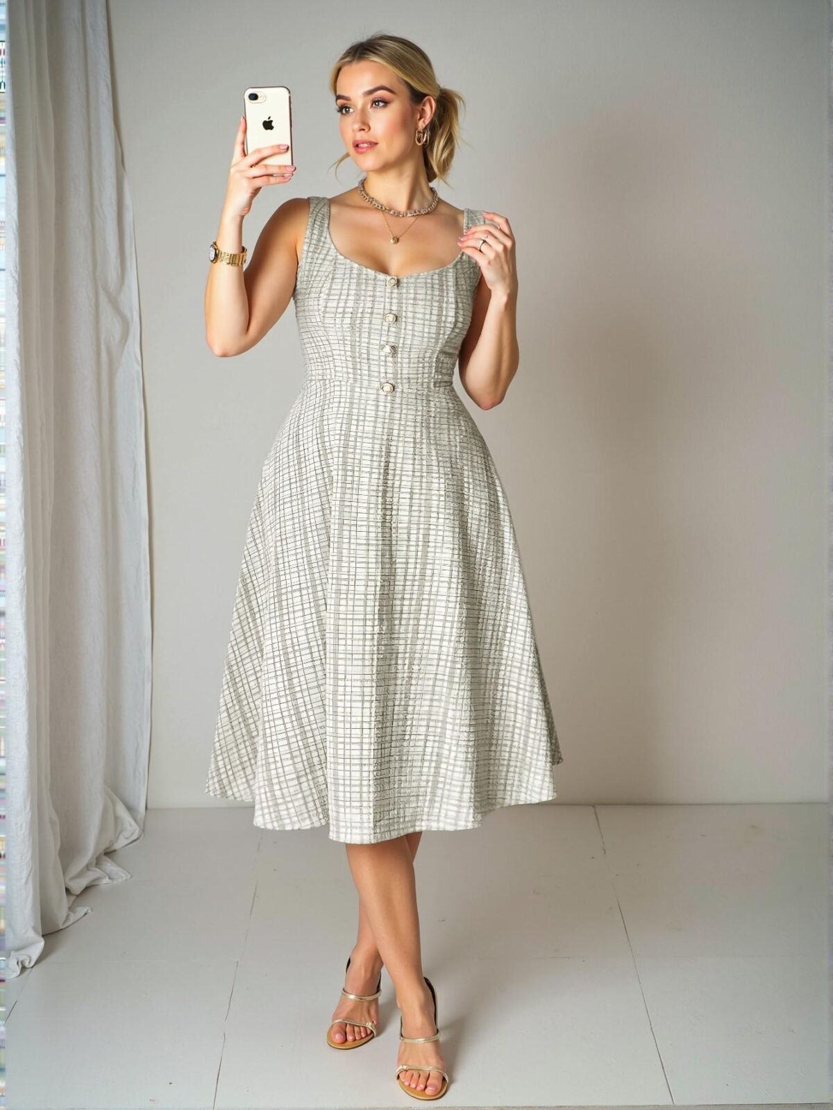 Elegant Coffee Brown A-Line Dress with Faux Pearl Button Details for Chic, Classy, and Trendy Fashion Style to Dress to Impress
