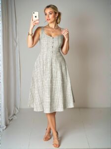 Elegant Coffee Brown A-Line Dress with Faux Pearl Button Details for Chic, Classy, and Trendy Fashion Style to Dress to Impress
