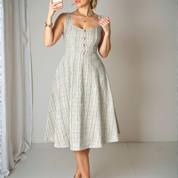 Elegant Coffee Brown A-Line Dress with Faux Pearl Button Details for Chic, Classy, and Trendy Fashion Style to Dress to Impress